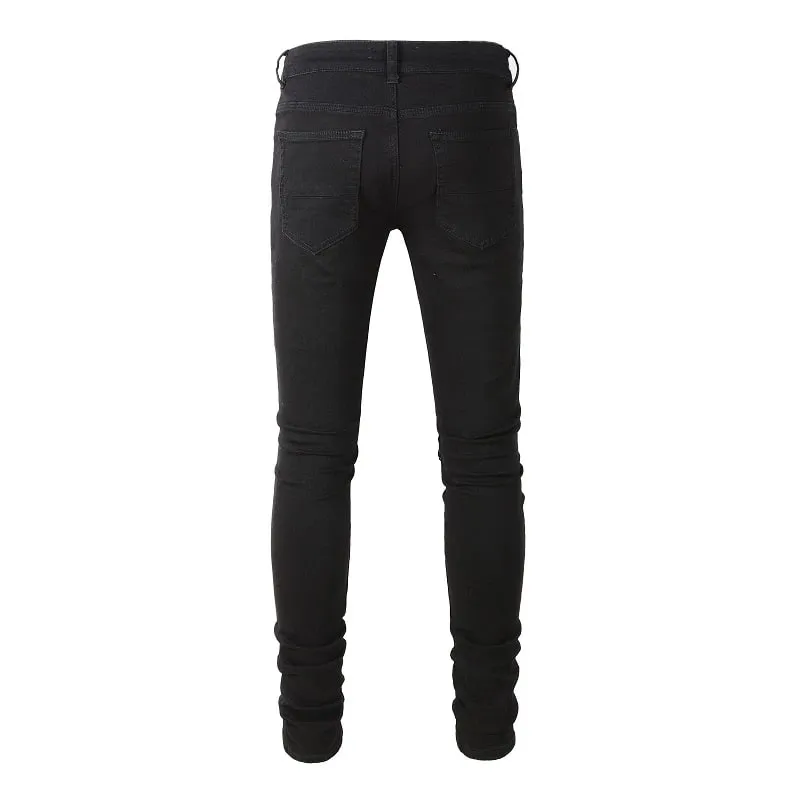 ผู้ชาย Cracked Silver หนัง Patch Biker กางเกงยีนส์ Streetwear Skinny Tapered ยืดกางเกงยีนส์กางเกง Ripped Patchwork กางเกงสีดำ