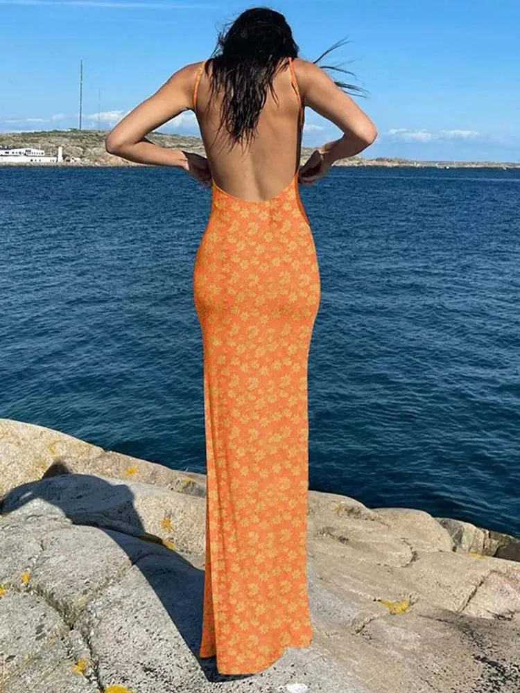 Robe Maxi sans manches à imprimé floral pour femmes, dos nu, Slim, élégante, Streetwear, vêtements de fête, concise, Sexy, robe à enfiler, printemps 2025