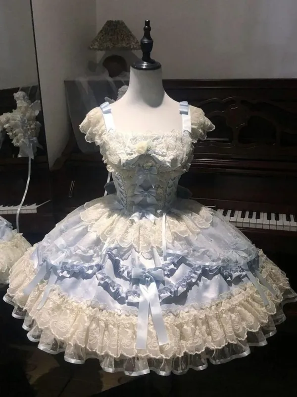 Y2K Sweet Lolita Jks Strap Dress Women Solid Ruffle Lace Bow Patchwork Kawaii Princess Ball Gown Knee-Length Elegant Party