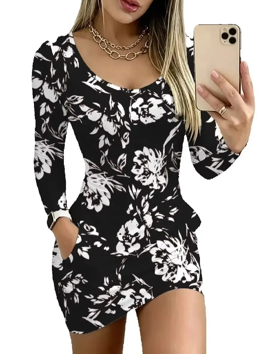 Women's Casual Long-Sleeved Floral Print Dress Autumn Waist Cinching Mini Skirt Length with Pockets round Neck