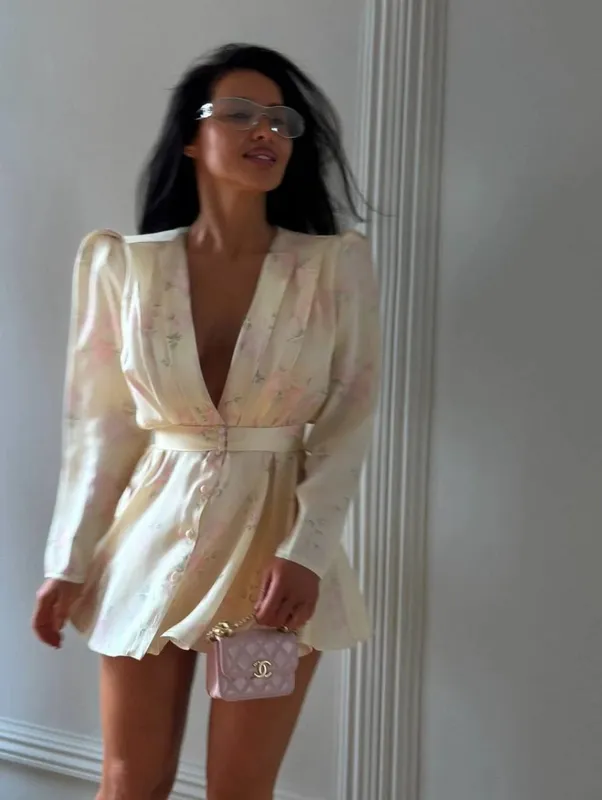 Mulheres mancha floral impresso com decote em v cintura cinched plissado mini vestido profundo decote em v manga longa botão-frente vestidos senhora festa robe