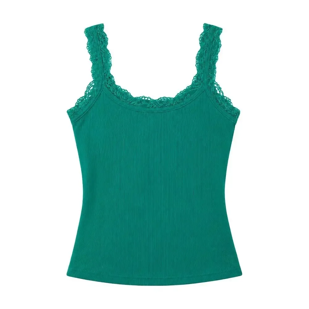 Casual U Neck Summer Tank Tops Slim Underwear Fitted Tops Camisoles Sleeveless Lace Top for Women