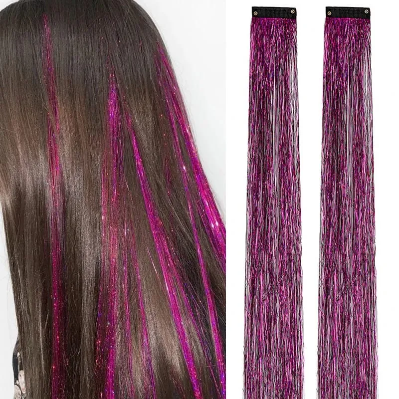 2PCS Synthetic Hair Tinsel Clip in Extensions Colored Sparkle Hair Tinsel Kit with BB Clip for Kids Girls Christmas Party Use