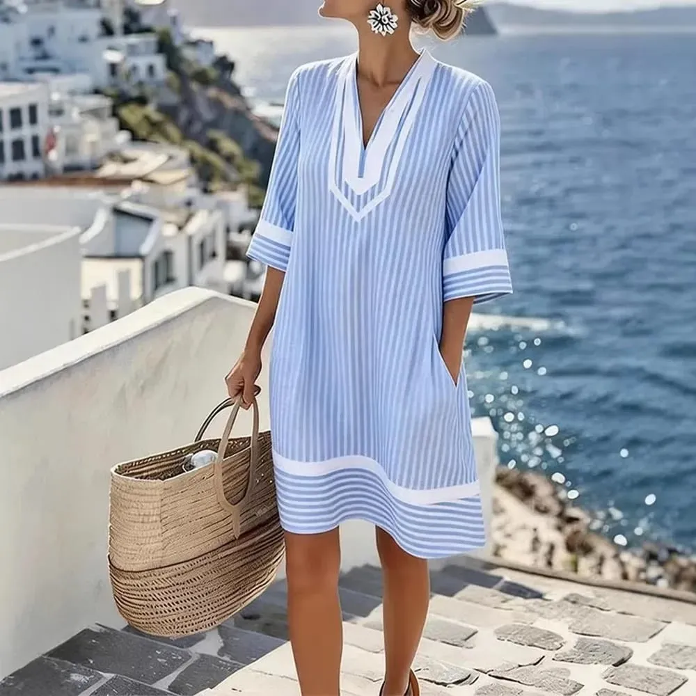 V-Neck Bohemian Print Loose Beach Dress Short Sleeve Sun Cover-Up