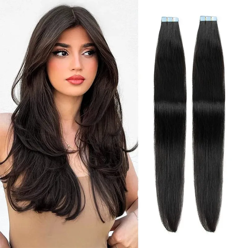 Natural Black Mini Tape in Hair Extensions Human Hair Extensions 3x0.8cm Tape on Hair 10pcs/pack Add Volume Tape Ins