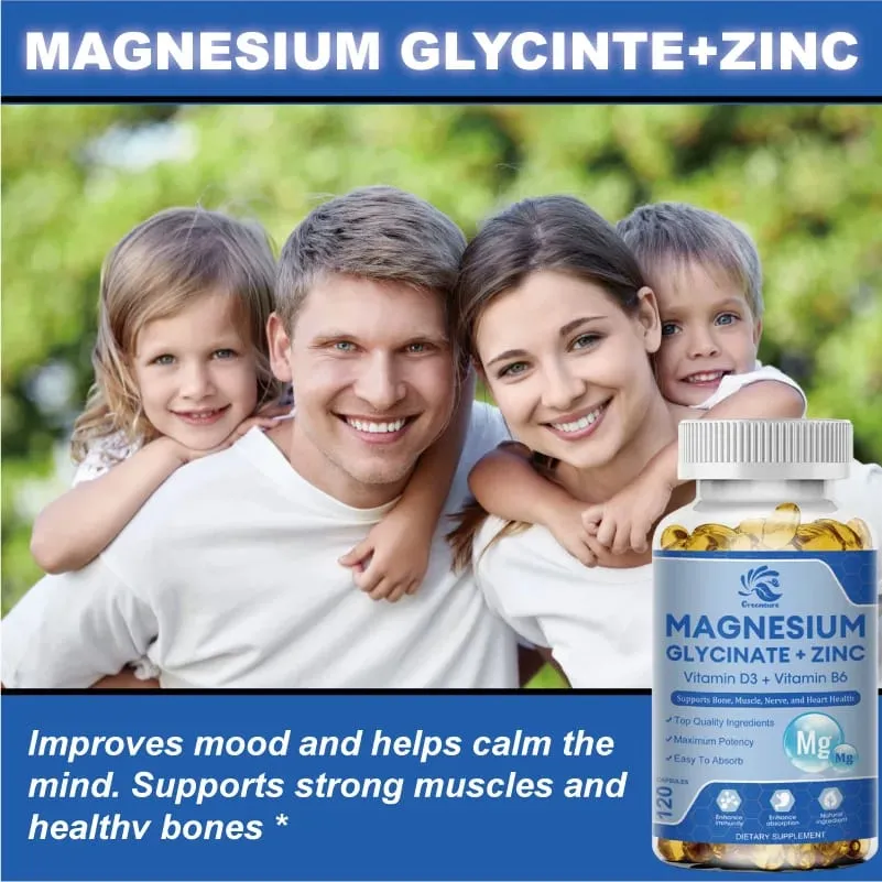Glycinate de magnésium et supplément minéral de zinc 500 mg pour soutenir les articulations musculaires et la santé, absorption maximale