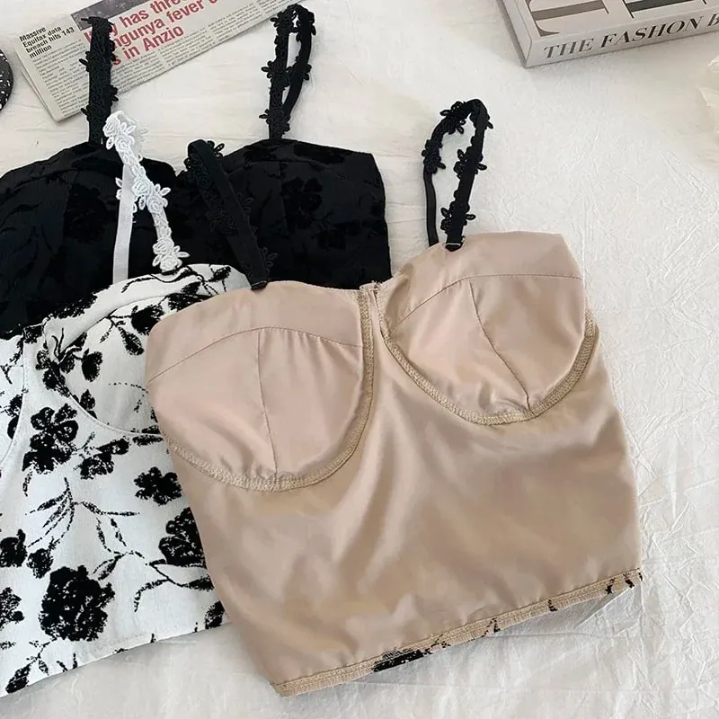 Women Sweet Elastic Camis Underwear Padded Bra Spaghetti Cute Crop Tops Print Tank Tops For Women Summer
