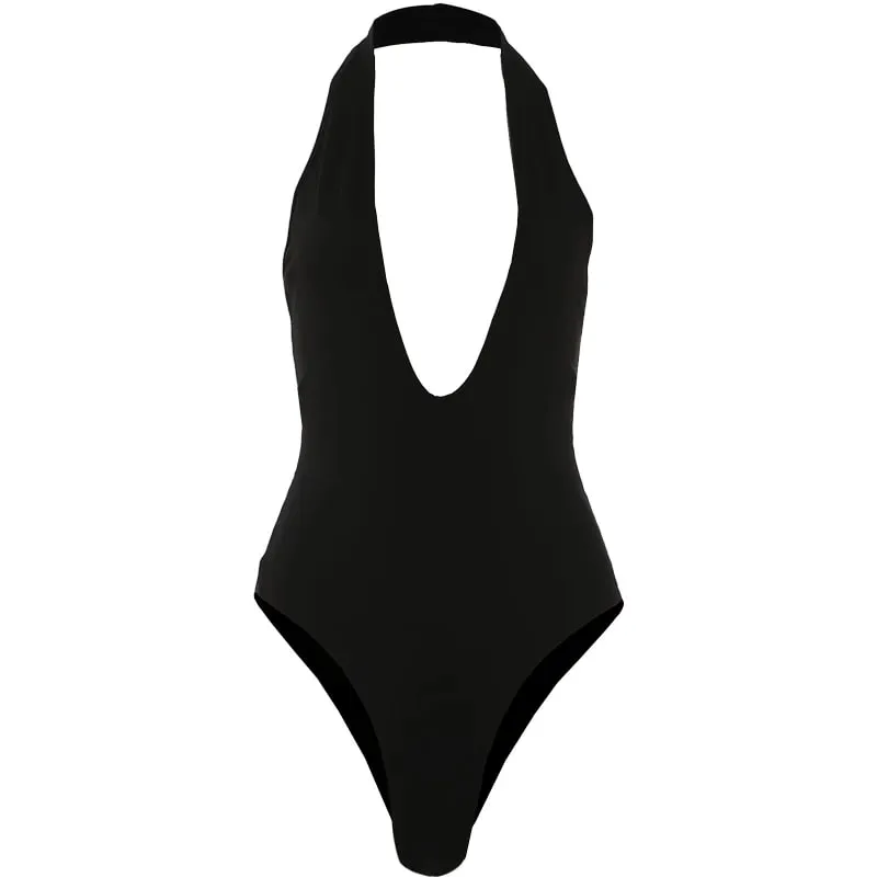 Sisterlind Halter Fashion Bodysuit Women Sexy Classic Deep V-Neck Sleeveless Simple Daily Stretch Skinny Chic Workout Streetwear