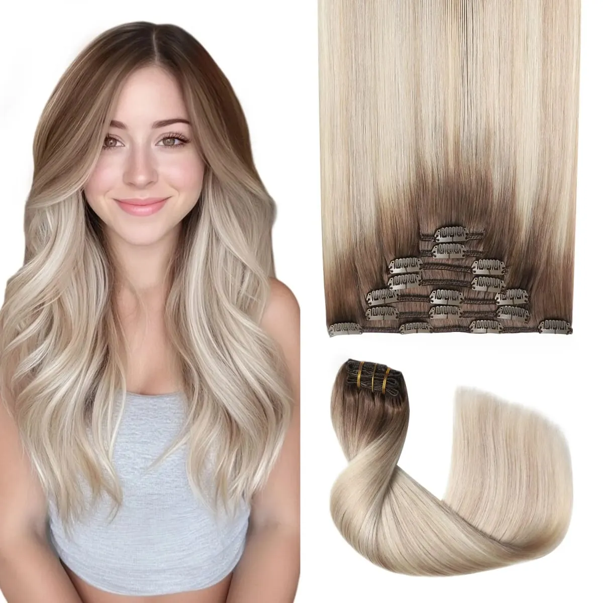 Sweetmet Pro2.0 Clip in Hair Extensions Real Human Hair 120g Thick 7pcs #60 Platinum Blonde Remy Real Human Hair Extensions Clip ins Seamless Double Weft for Women
