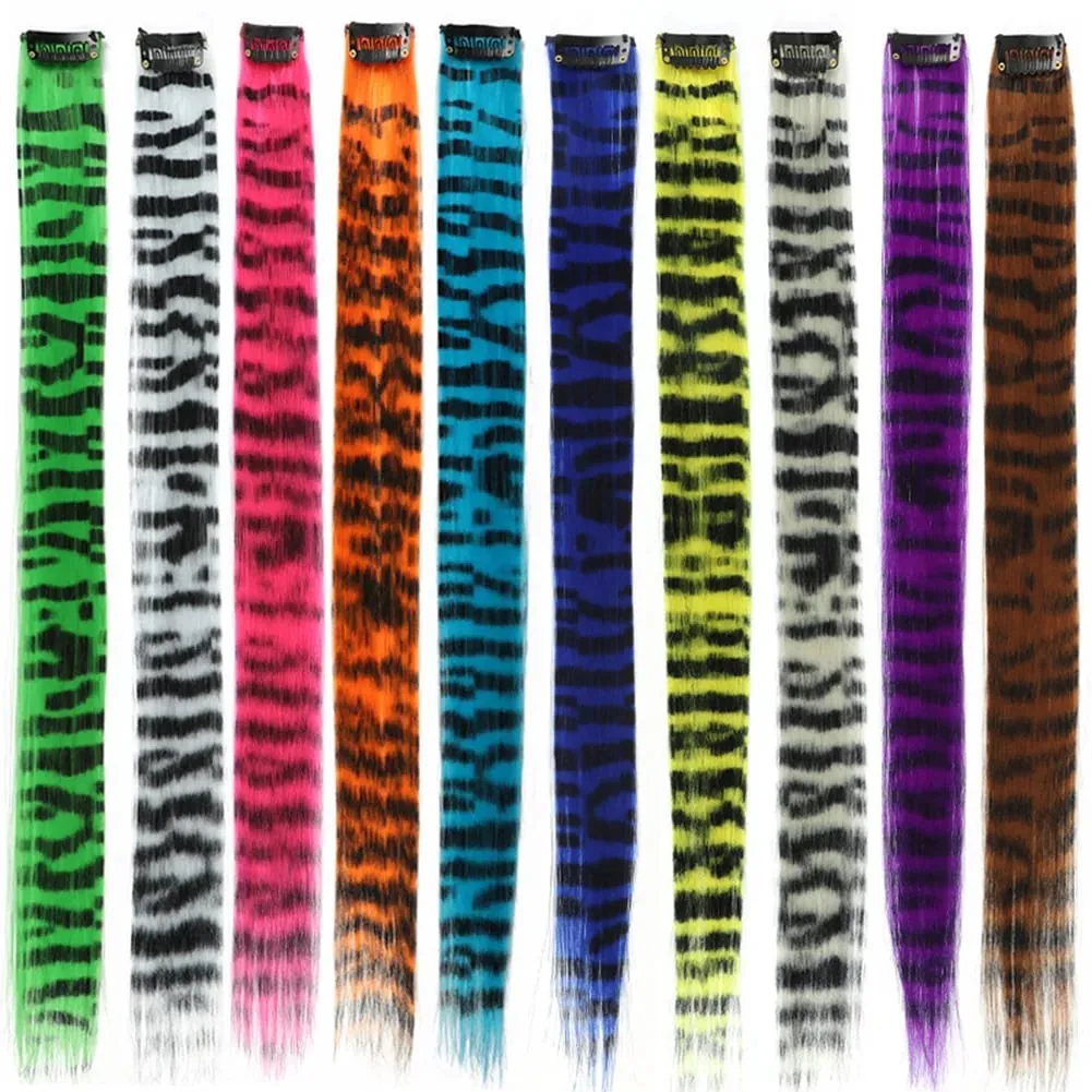 Synthetic Hair Extension18" Long Straight Women High Temperature Clip in Hair Extension Hairpiece Feather Wig Blue Rose Colorful