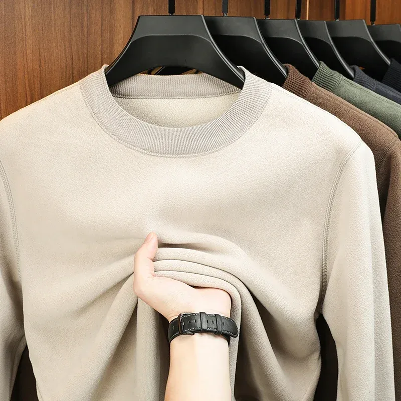 Autumn and Winter Men's Velvet Hoodie Long Sleeve Round Neck Solid Color Fashion Casual Versatile Top