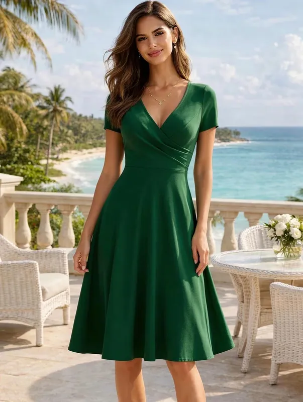 Abito da donna elegante girocollo estivo manica corta tinta unita linea A al ginocchio abito a vita alta spavaldo matrimonio festa partenza casual