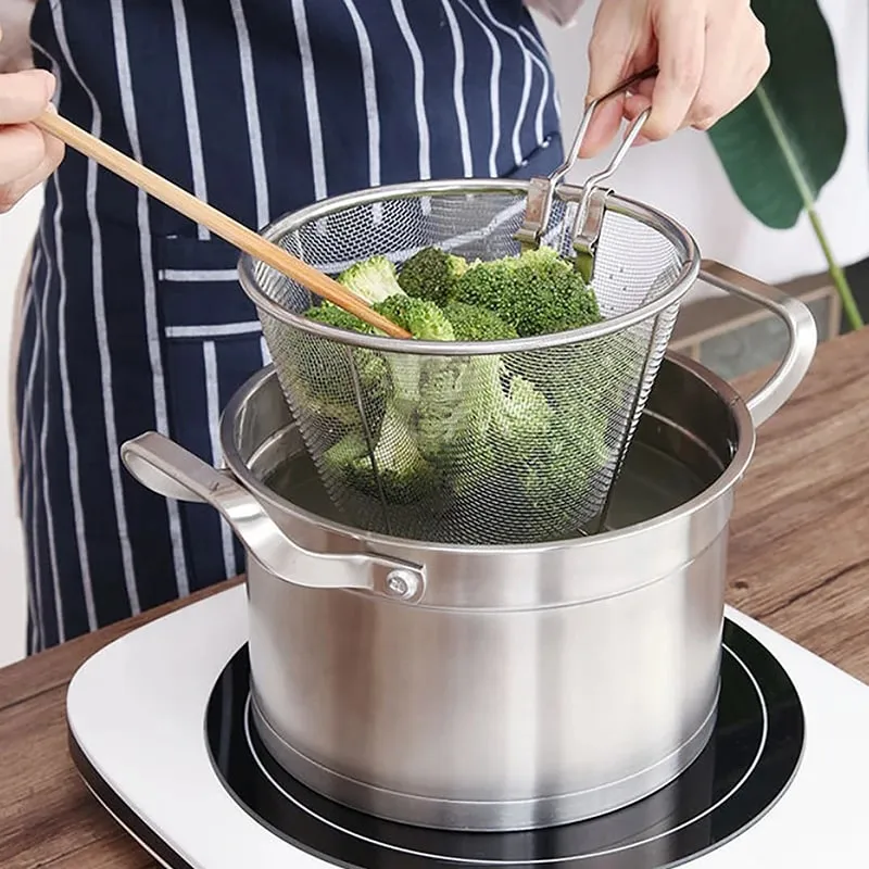 French Chip Frying Strainer Basket Stainless Steel Deep Fry Basket Kitchen Round Fryer Wire Mesh With Handle Wire Colander Nets
