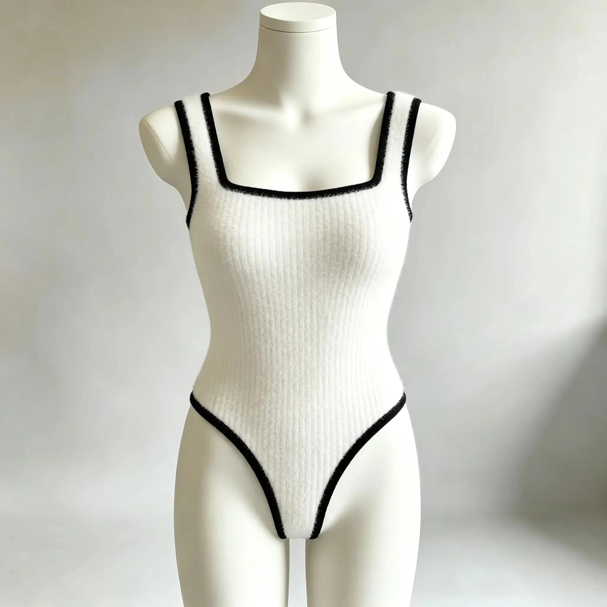 3pcs Women's Ribbed Bodysuit Set Fashionable Black Piped Square Neck Waist-Cinching Style Summer Nightlife Wear Elegant Beach Ou