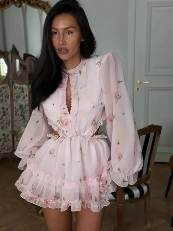 Gaun Mini Sifon Motif Bunga Merah Muda Wanita Gaun Hem Ruffle Bertingkat Pinggang Potongan Punggung Terbuka Lengan Puff 2026 Gaun Pesta Kasual
