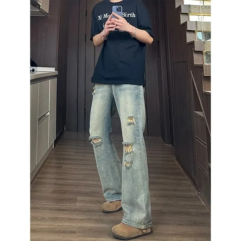 Man Pants Mens Jeans Baggy Jeans Distressed Loose Straight Leg Summer Retro High Street Casual Trousers For Men