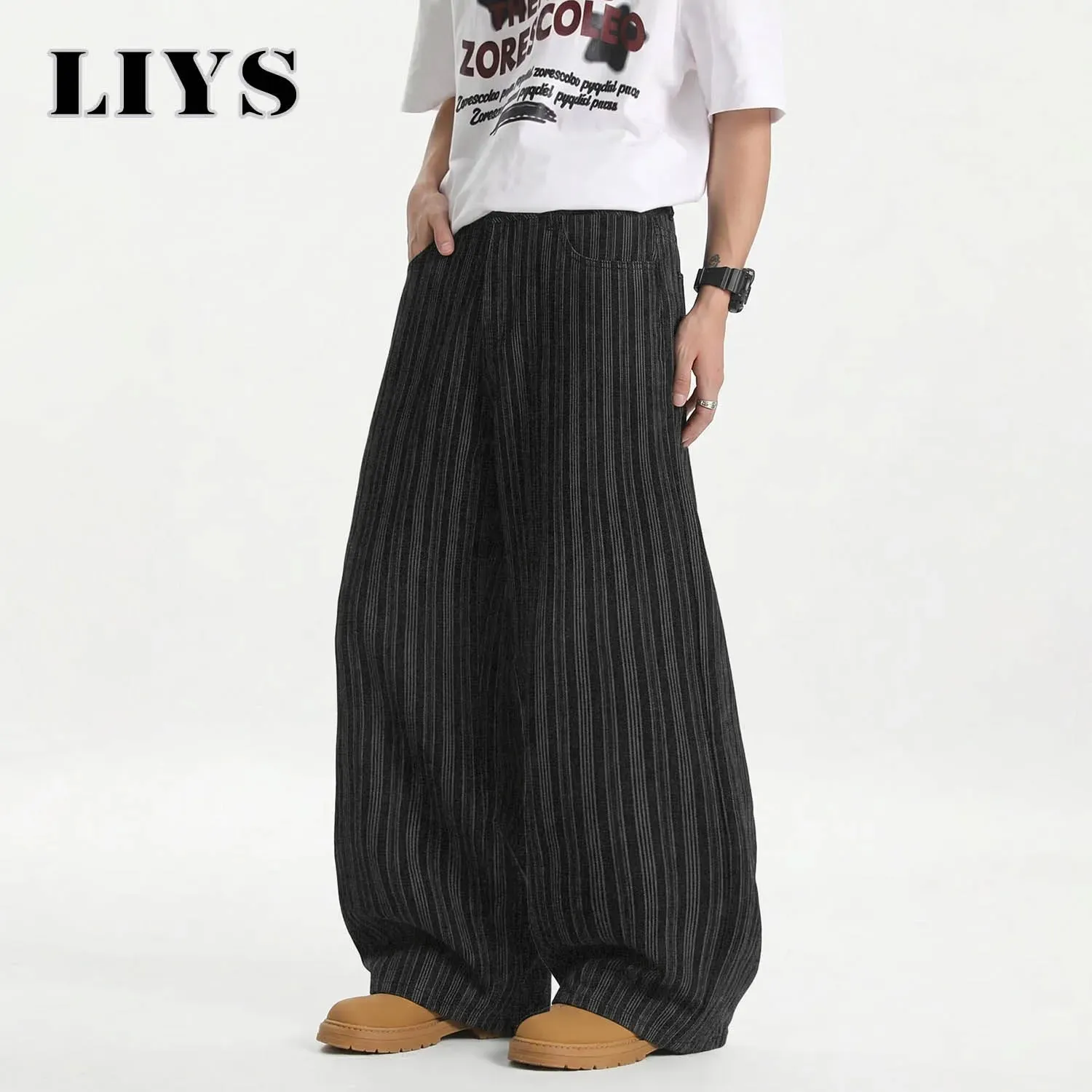 Men's Retro Vertical Stripe Jacquard Baggy Wide Leg Jeans Washed Denim Trousers Y2K Skater Hip Hop Streetwear Daily Casual