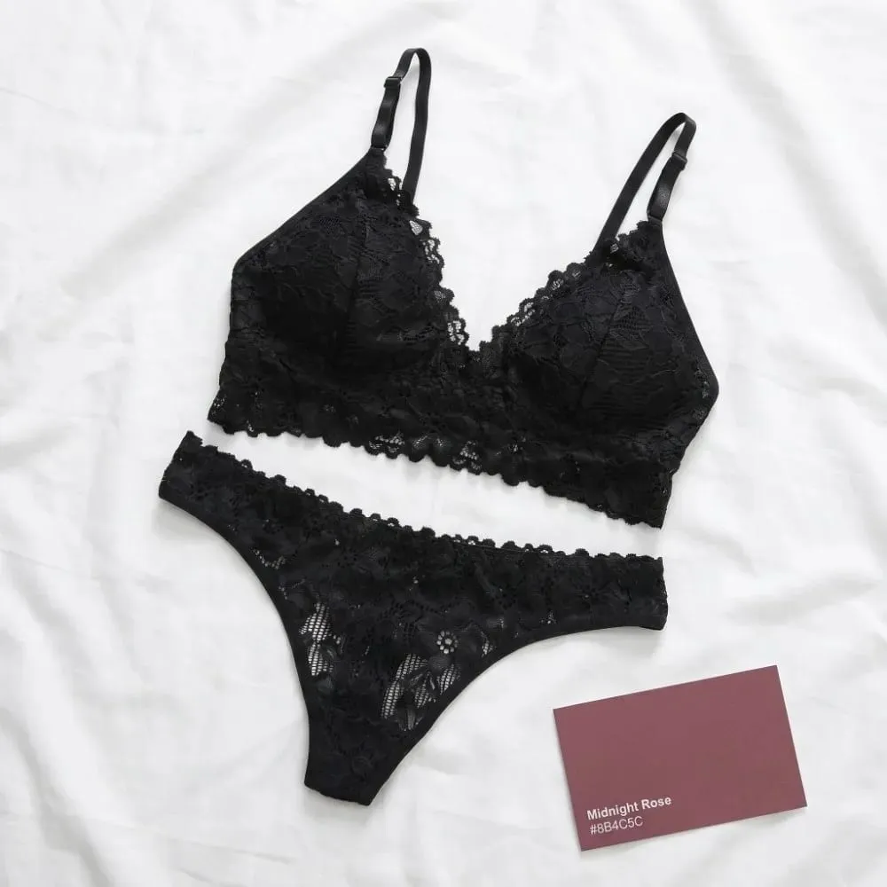 Sweet V Neck Lace Flower Bra Set Solid Color Thong Floral Panties Bra Kit Low Waist Lingerie Lace Underwear Romantic Night