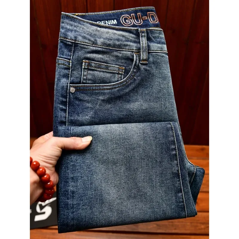 Light luxury jeans men's slim fit small straight tube trendy and fashionable stretch denim simple autumn pants