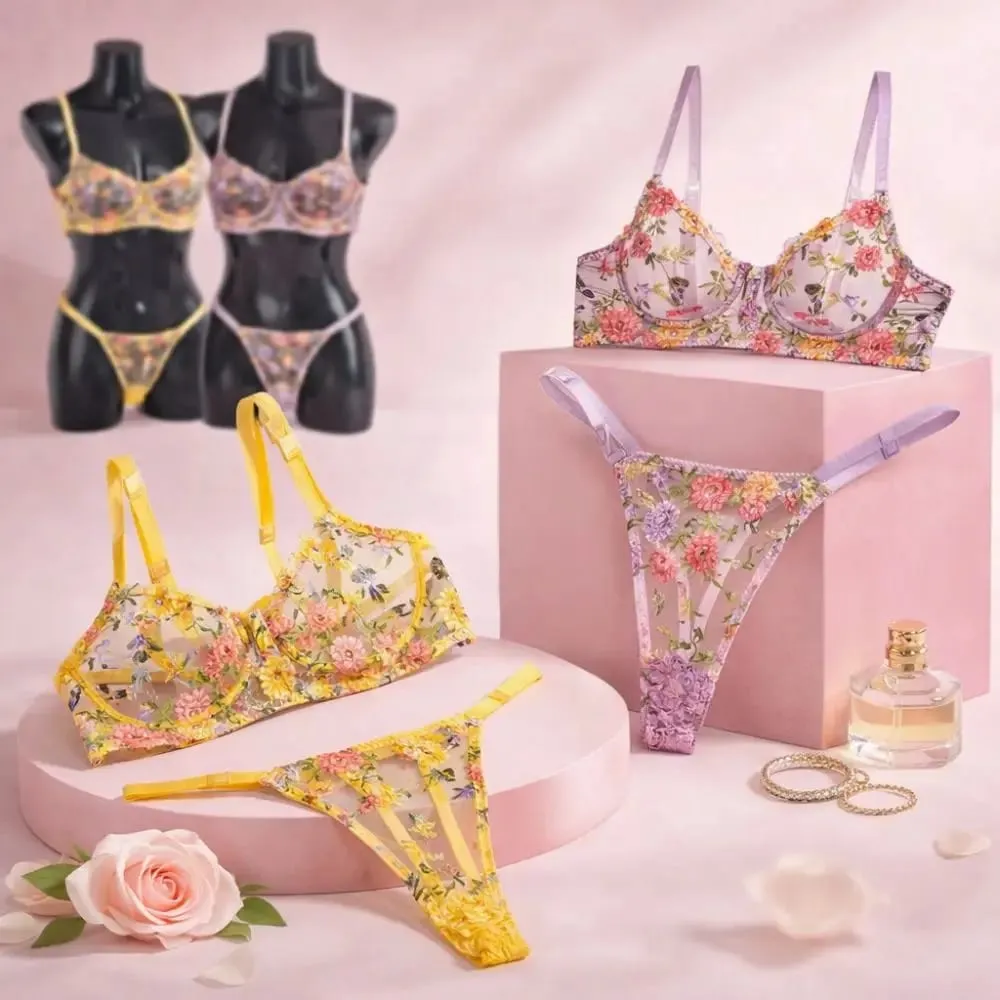 2-Piece Fashion Floral Lingerie Set Sheer Embroidery Underwear Intimates Versatile Underwire Push-up Bra Panty Set For Lady Girl