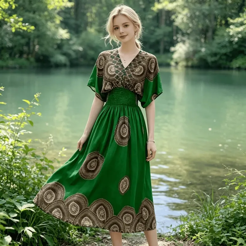 Boho Holiday Women V-Neck Batswing Short Sleeve A-Line Midi Dresses Slim Elastic Waist Casual Vintage Office Lady Elegance Dress