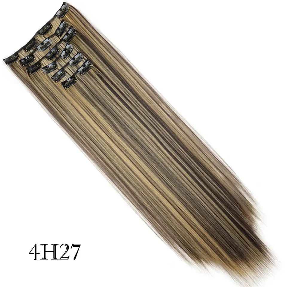 6Pcs/Set Clip In Hair Extension Synthetic Highlights Blonde Long Straight Hairpiece Full Head Thick Hairpieces for Women Girls