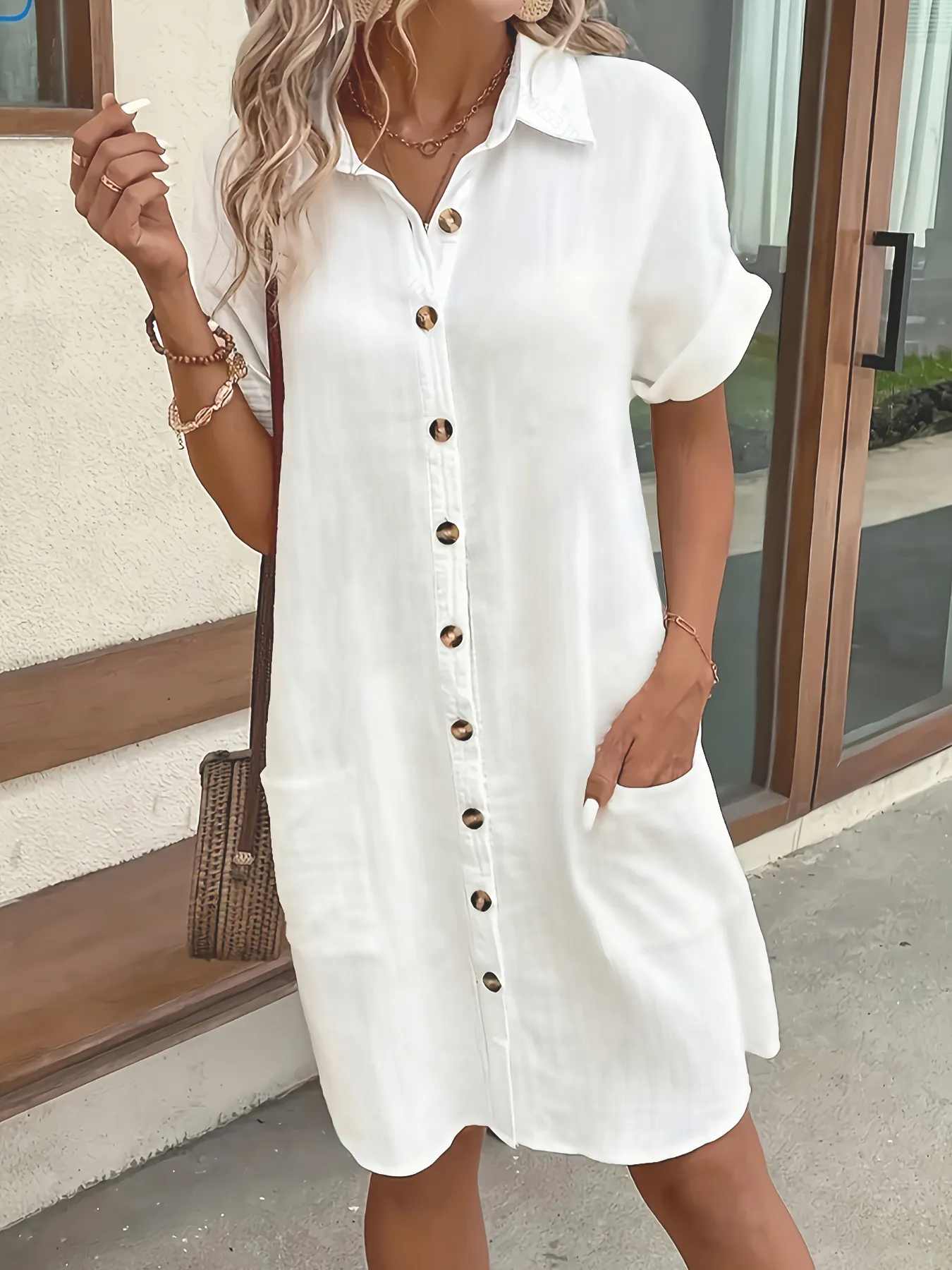 2026 European and American Cross Border Leisure Solid Color Cotton Hemp Buckle Long Short Sleeve Loose Shirt Dress Women's Wear