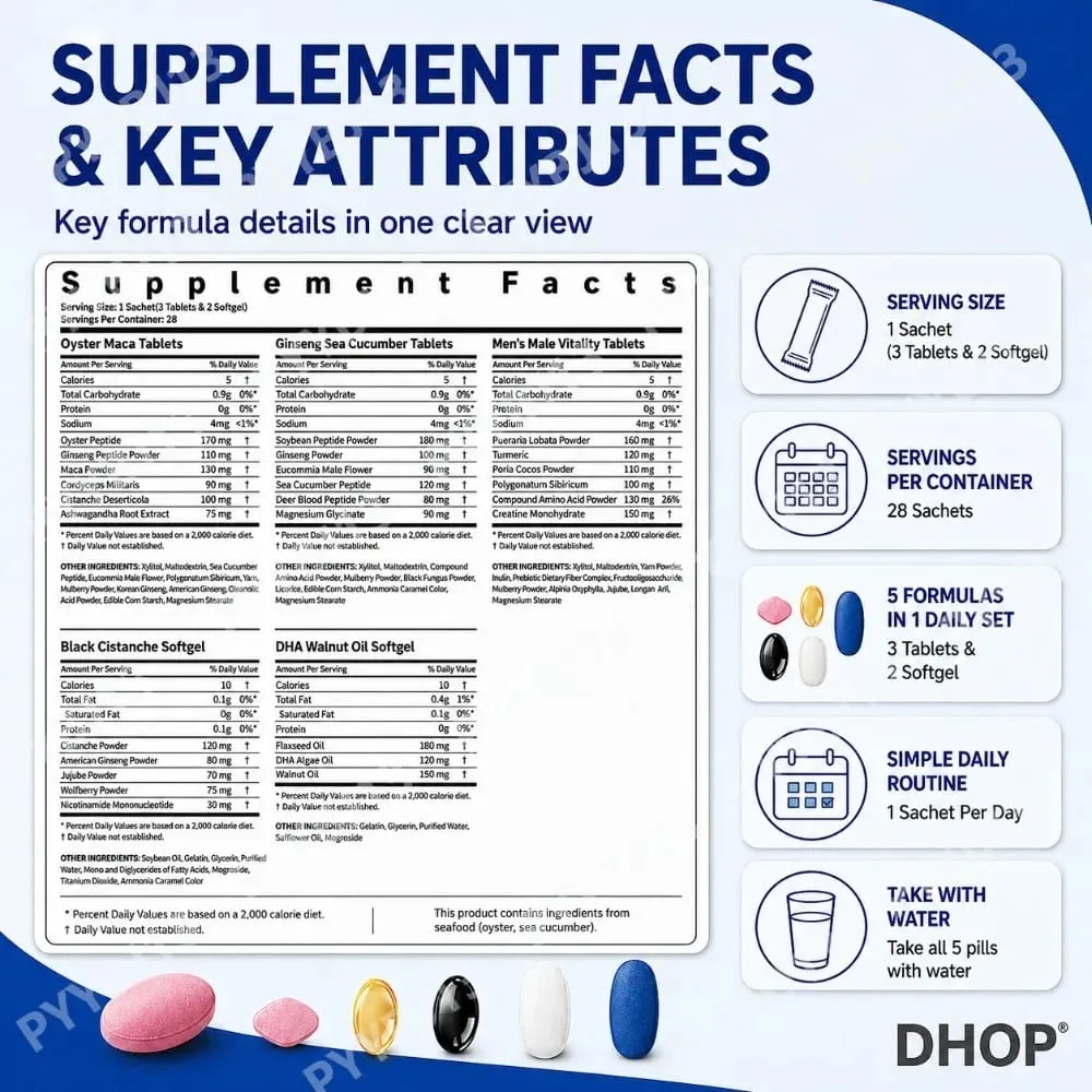 Men's Vitality Daily Supplement Pack Oyster Maca Cistanche Tablets Ashwagandha NMN DHA Capsules for Men's Energy Support