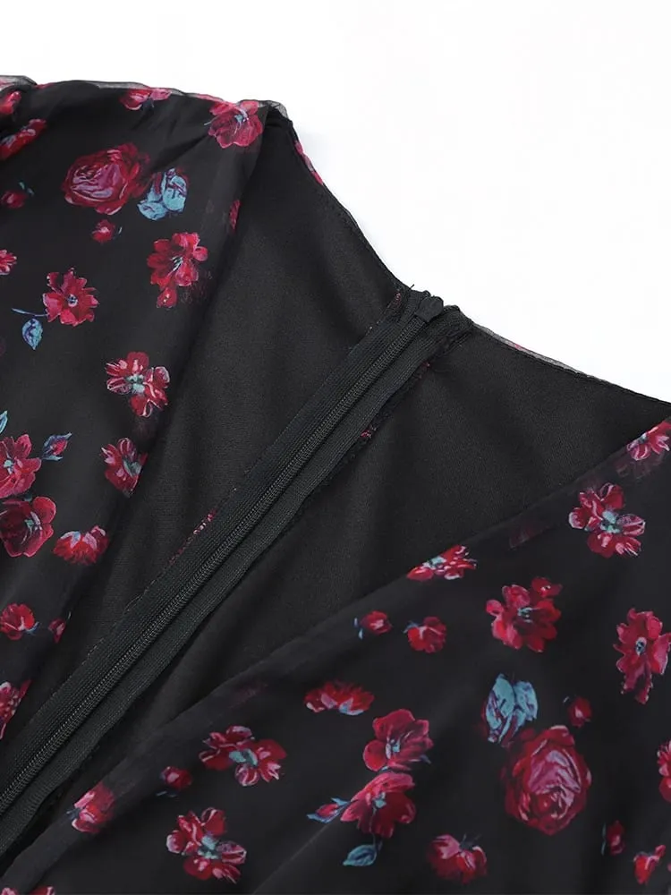 Women Chic Floral Print Deep V Neck Long Sleeved Waist Cinching Dress Layered Ruffle Hem Mini Dresses Elegant Party Daily Robes