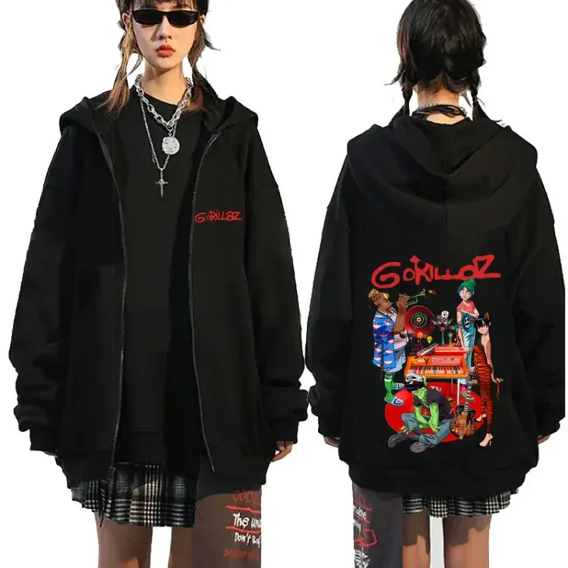 Rock Band Gorillaz Demon Days Eyes Graphic Zipper Hoodie Men Hip Hop Fashion Oversized Zip Up Jacket Unisex Zip Up Sweatshirt
