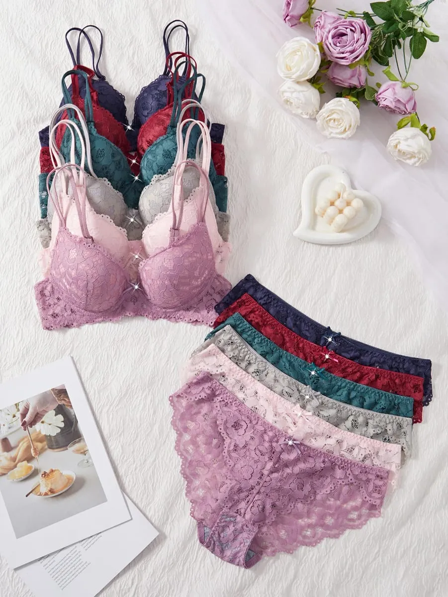 6-Piece Solid Women's Underwear Set Floral Lace Push Up Bra Sexy Hollow Out Panties Comfortable Lingerie Set
