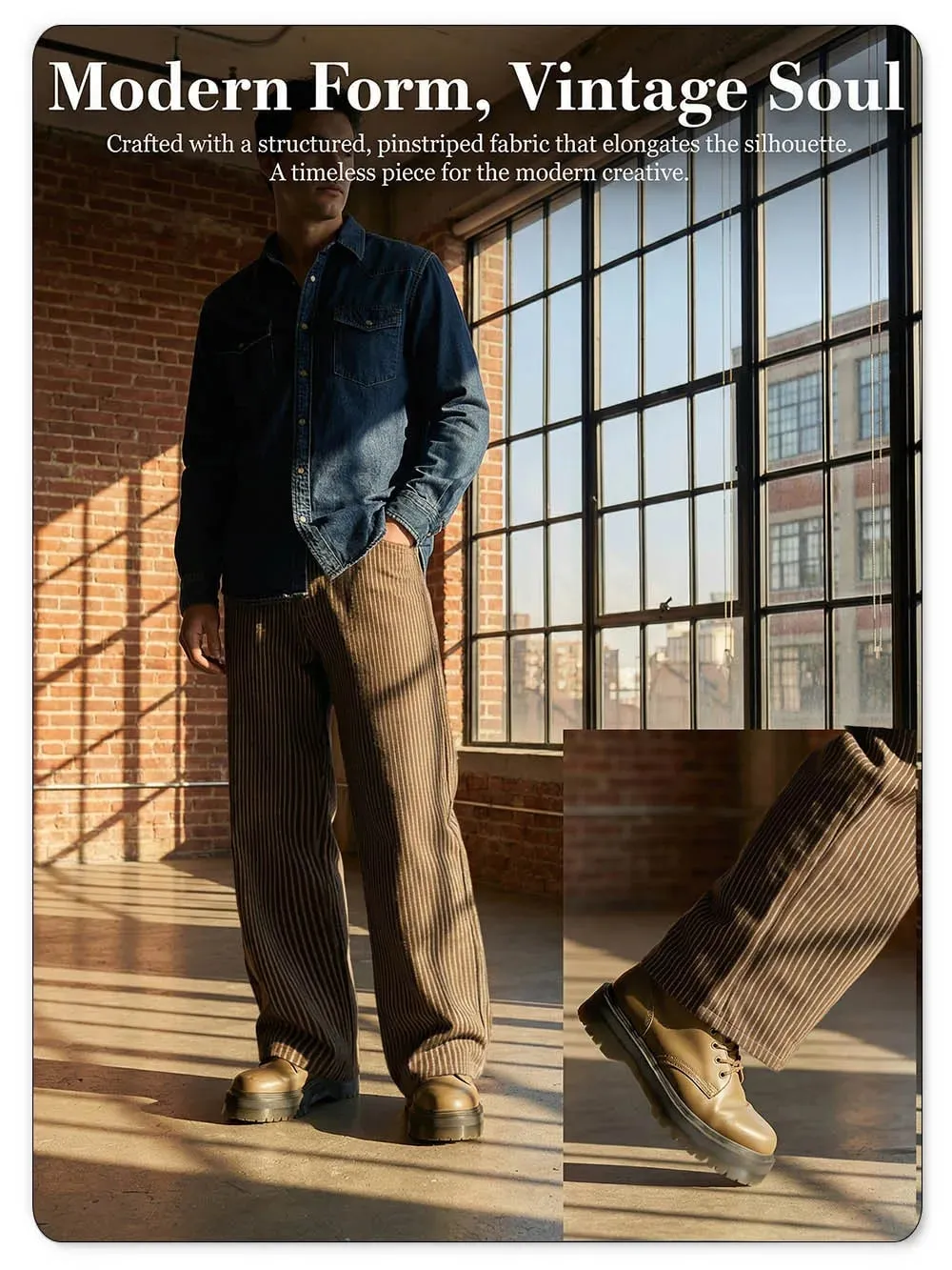 Japanese Korean Vertical Striped Jacquard Wide-leg Jeans British Retro Striped Business Casual Baggy-Fitting Denim Pants