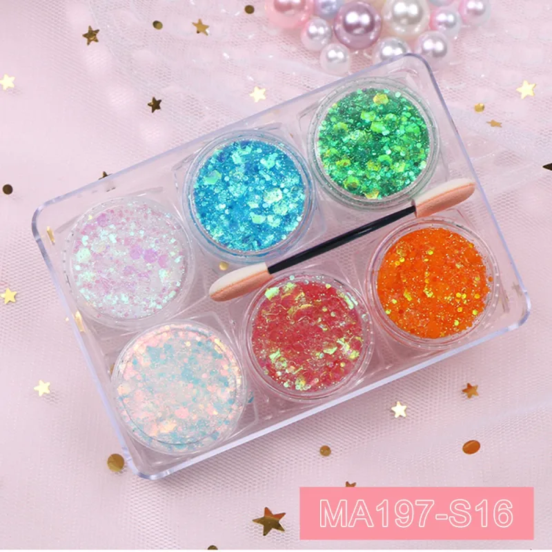 6Jar/set Holographic Body Glitter Gel Chunky Face Eye Heart Star Shaped Sparkle Glitter Sequins Makeup Nail Festival Party Decor