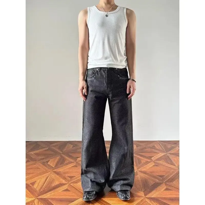 Men's Minimalist Style Retro Jeans Casual Wide Legs Sweatpants Boys Pants Street Bottom Male High Waist Unisex Baggy Trousers