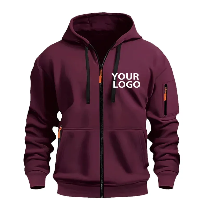 DIY Custom Logo Men's Casual Sports Hoodie Full-Zip Pocket Sweatshirt Fashion Arm Pocket Outdoor Long-Sleeve Pullover Hoodie