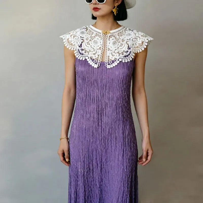 Pleated Sleeveless Elastic Long Dresses Women Vintage Palace Style Womens Black White Doll Fake Collar Soft Midi Dress Clothing