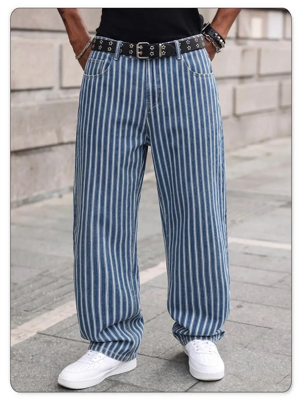 Men's Blue White Striped Jacquard Straight Leg Jeans Baggy Casual Pants Suitable for Work and Leisure Without Elasticity — image 5