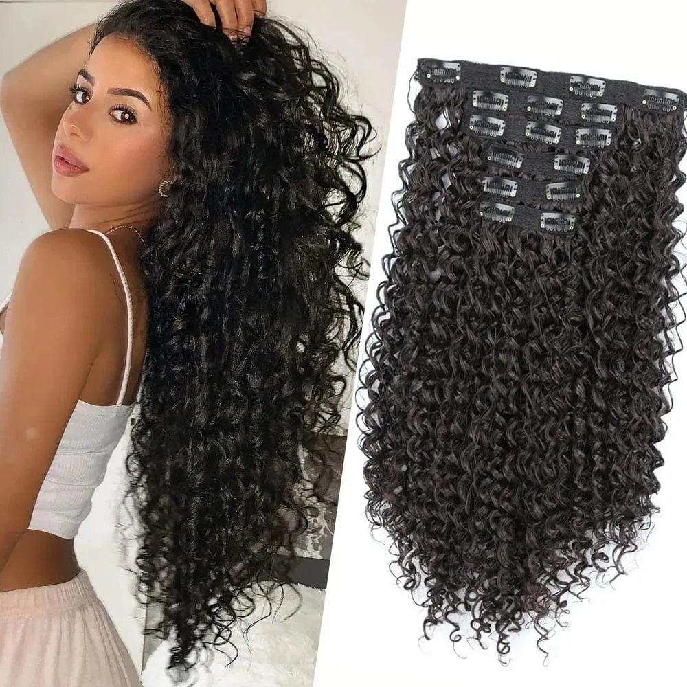Synthetic 26Inch Kinky Curly 16 Clip In Hair Extensions Black Brown Full Head Fake Pieces Kinky Curly Hair Extensions
