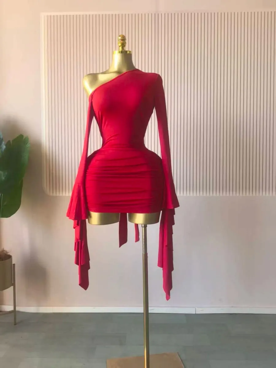 Women Drop Shoulder Flare Sleeve Ruffles Side Bodycon Midi Mini Dress 2026 Birthday Holiday Trendy Dresses Vestidos