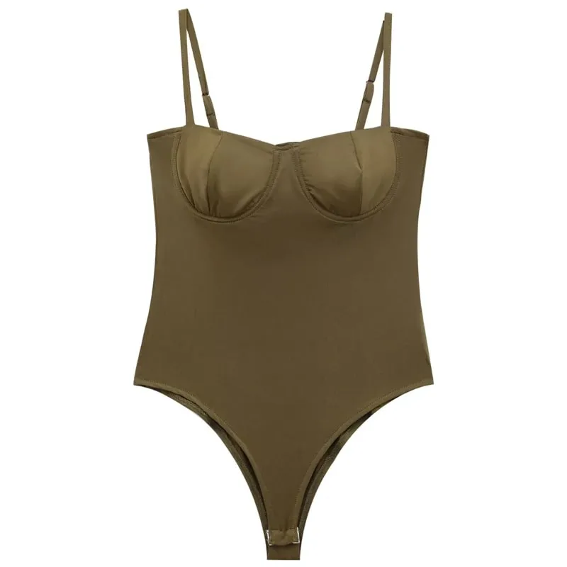 Slip Bodysuit Women Autumn Sexy Green Khaki Brown Thong Bodysuit Woman Sleeveless Backless Cup Lingerie Slimming Bodysuits