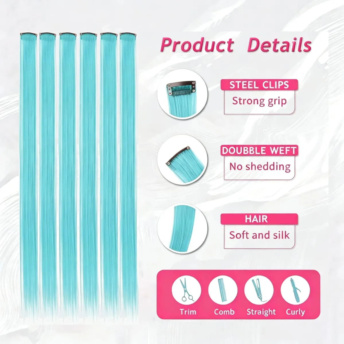 6 Pcs Synthetic Light Blue Clip In Hair Extensions Bright Cyan Synthetic Clip In Hair Extensions Straight Color Highlight Hair