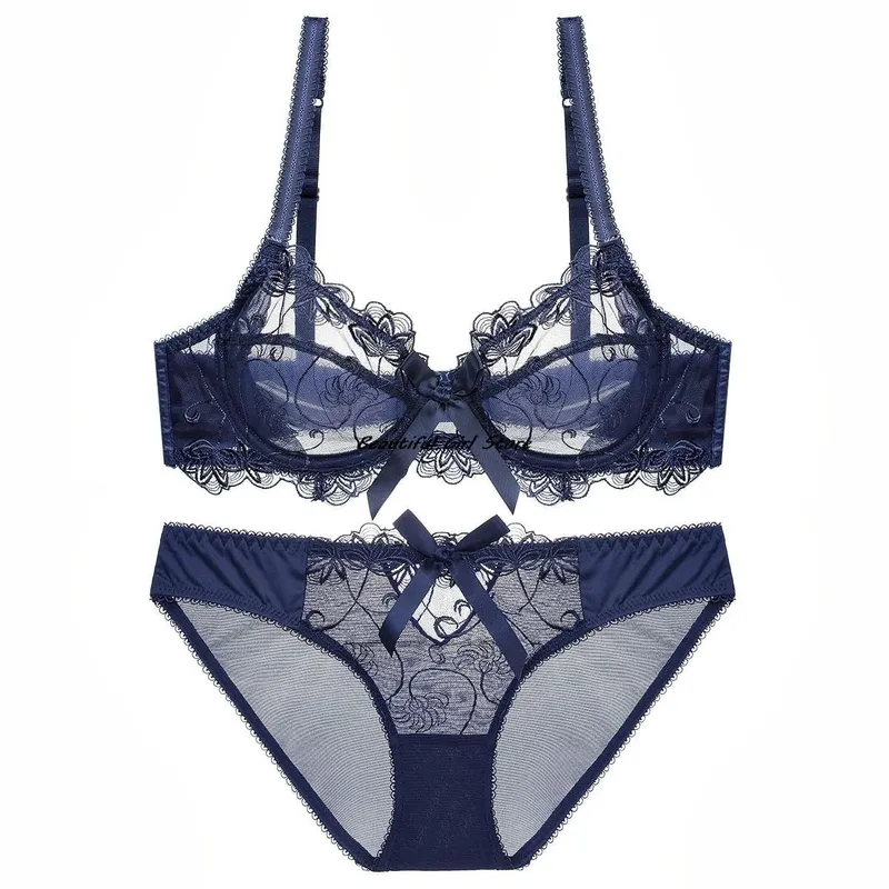 Lace Push Up Bra Set Breathable PantiesThin Mesh Cup Transparent Behalf Lingerie Bow Embroidery Flora Soutien Gorge