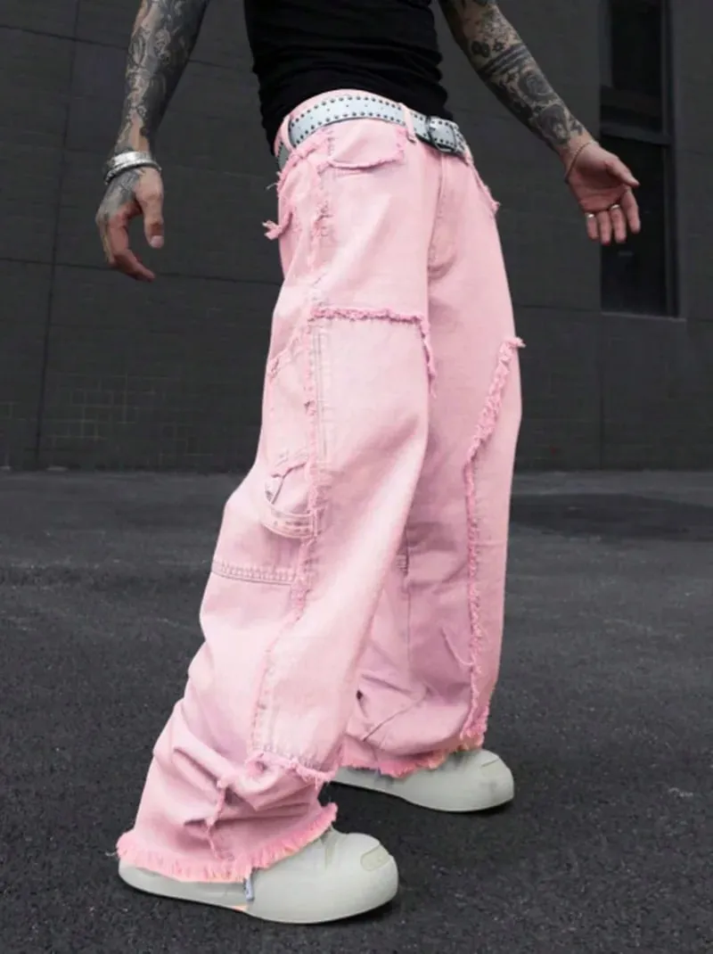 Pink Frayed Wide-Leg All-Season Cargo Denim Jeans