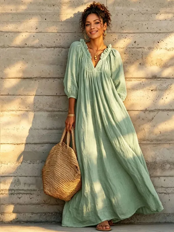 Women Boho Dresses V Neck Lantern Sleeve Maxi Dress Vacation Loose Beach Cover Up Dress Spring Summer Overall Jumpsuit Playsuit