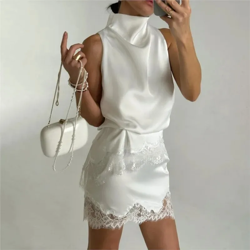 Women's Satin High Neck Lace Trim Sleeveless Tanks Summer Fashion Casual Irregular Silhouette Delicate Solid Color Tops