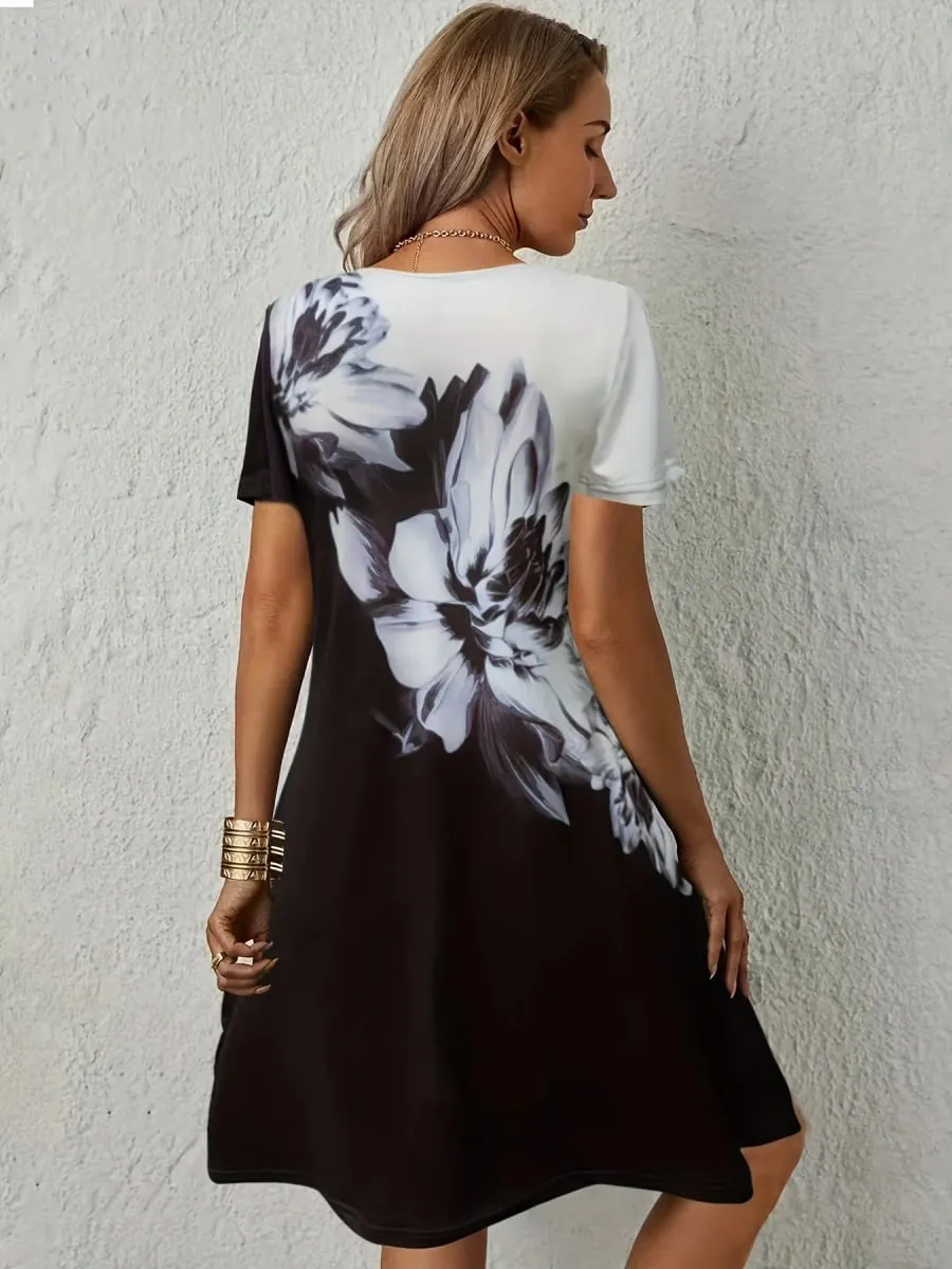 Women Floral Print Dress Wavy V Neck Short Sleeve Casual Summer Party Dresses Ladies Loose Tunic Dress