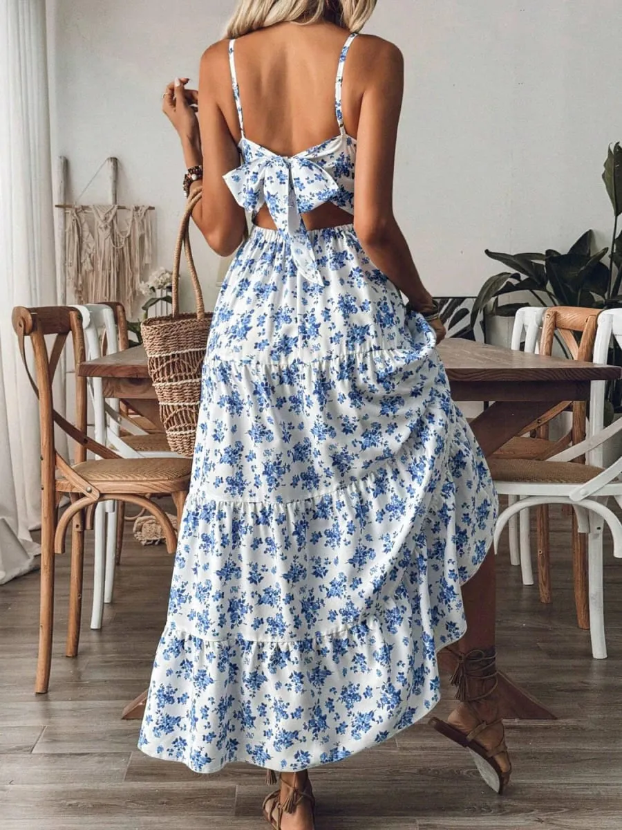 Women's V-neck Floral Print Camisole Dress—a sexy Backless Flowy Long Party Dress Featuring a Bow Detail. — image 2