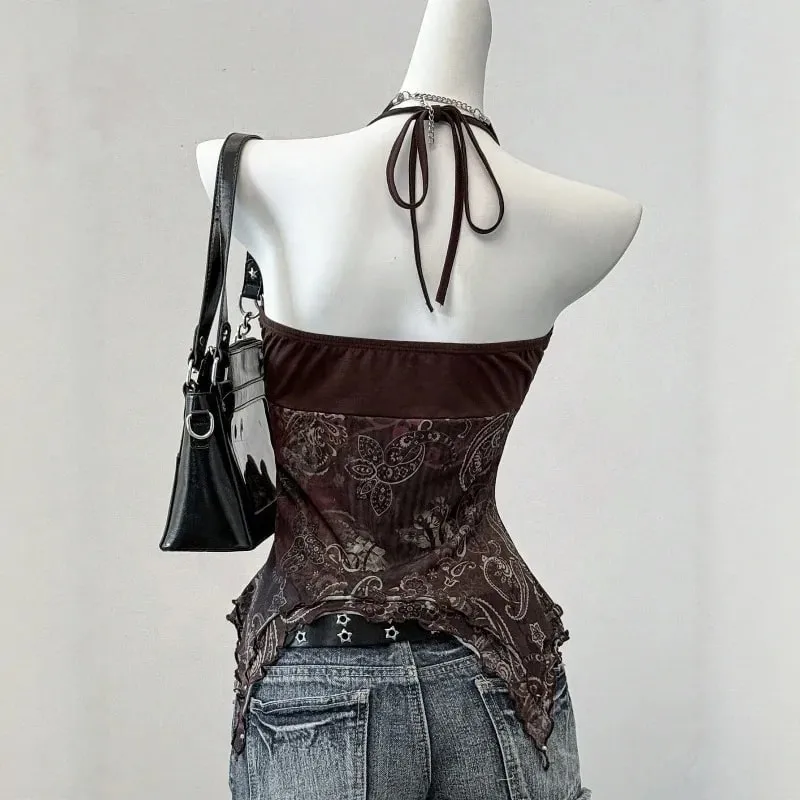 Sexy Spicy Girl Sleeveless Halter Tops Women's Printed Mesh Splice Slim Fit Backless Camisole Summer Fashion Elegant Crop Top