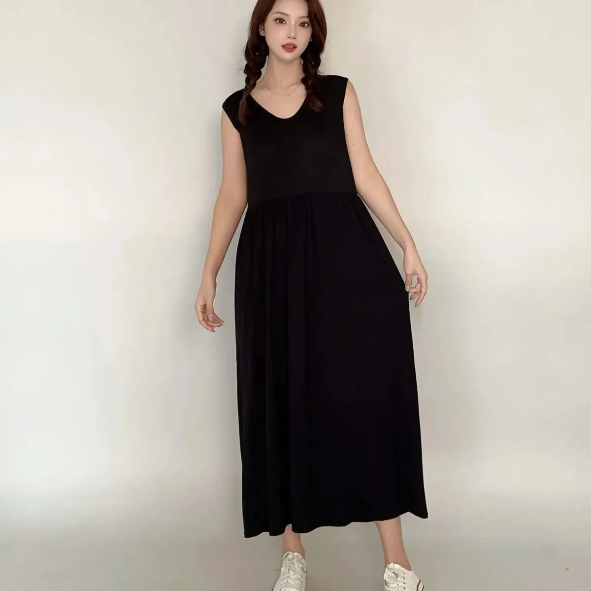 Plus Size L bis 6XL Damenkleid Modal Ärmelloses Tankkleid Plissiertes Schlafkleid Mittellange Taillenschlankungskleider Lockere Homewear — image 3