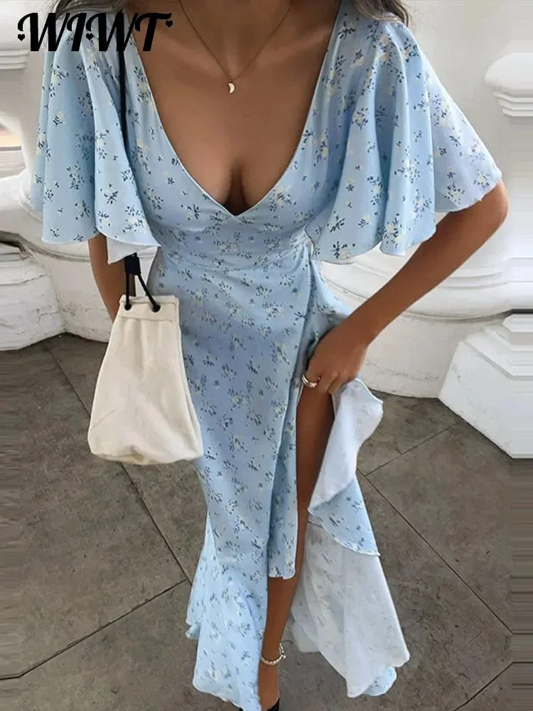 Floral Print 2026 Summer Lady Sexy V-neck Ruffles Short Flare Sleeve Split Midi Dresses Women's Slim High Waisted Party Vestidos